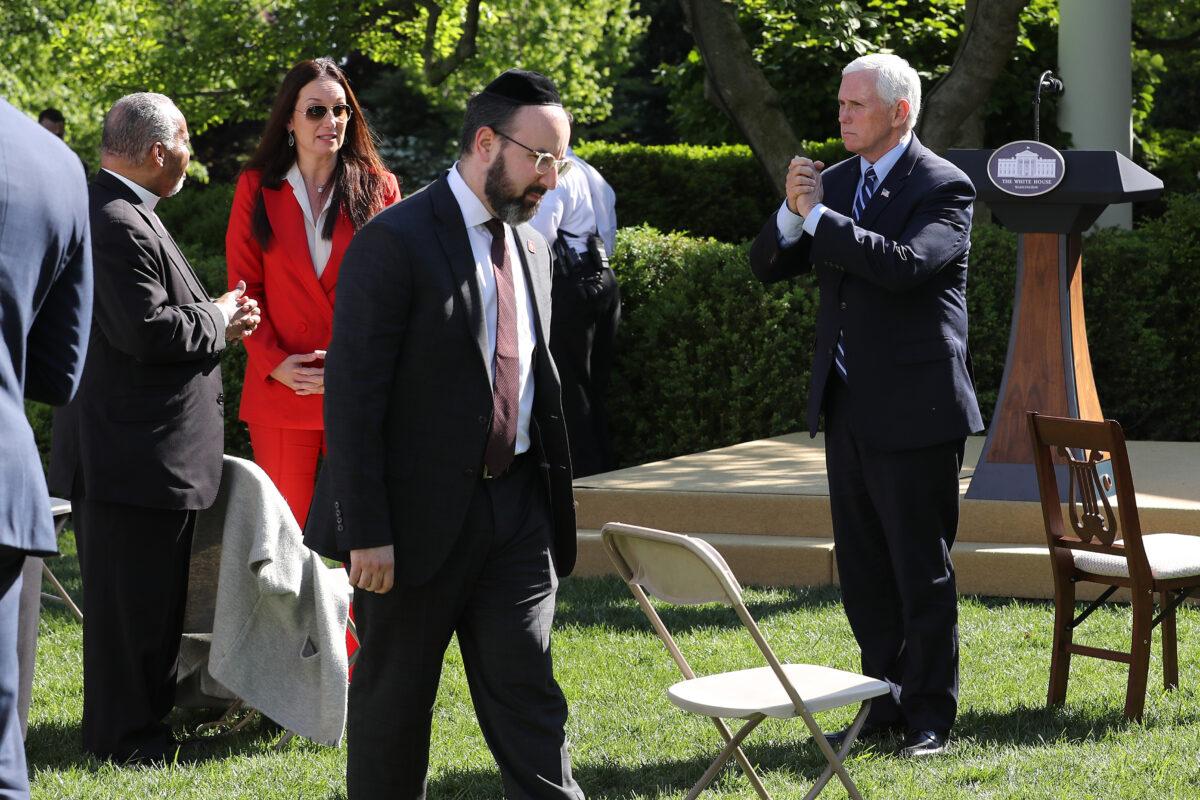 Vice President Mike Pence thanks faith leaders at the conclusion of the National Day of Prayer event at the White House in Washington, on May 7, 2020. (Chip Somodevilla/Getty Images)