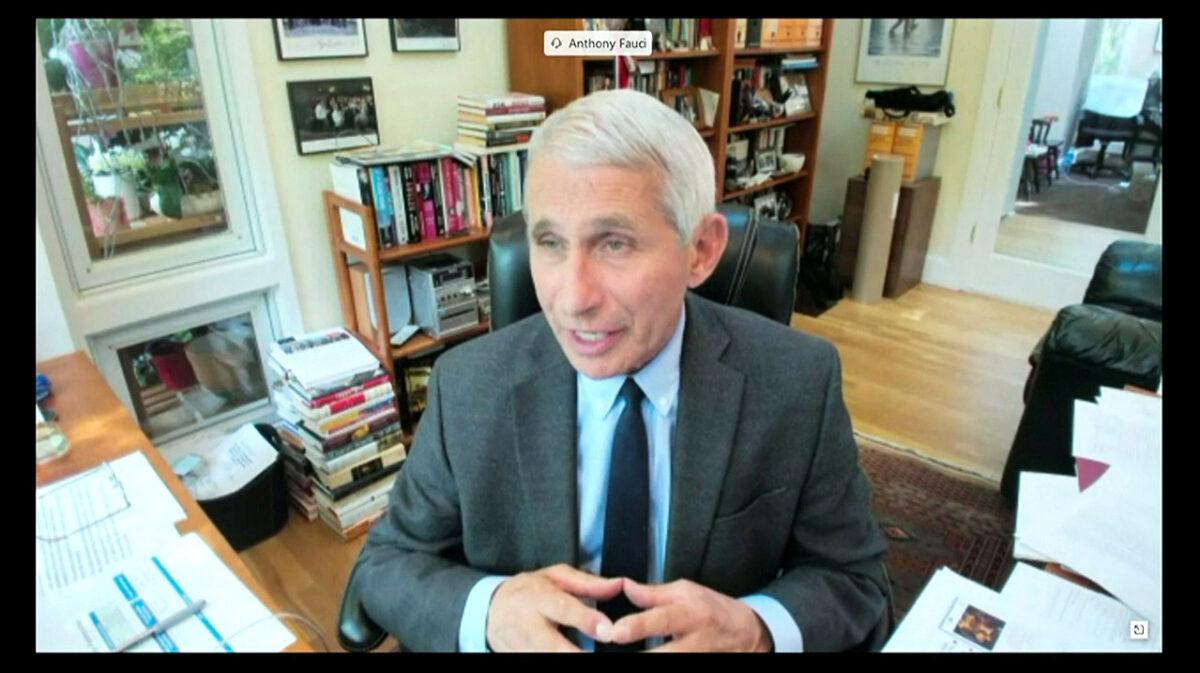 Dr. Anthony Fauci, director of the National Institute of Allergy and Infectious Diseases is seen in a frame grab from a video feed as he testifies remotely from his home during a Senate Committee for Health, Education, Labor, and Pensions hearing on the CCP virus in Washington, on May 12, 2020. (Senate Committee for Health, Education, Labor, and Pensions Committee/Handout via Reuters)