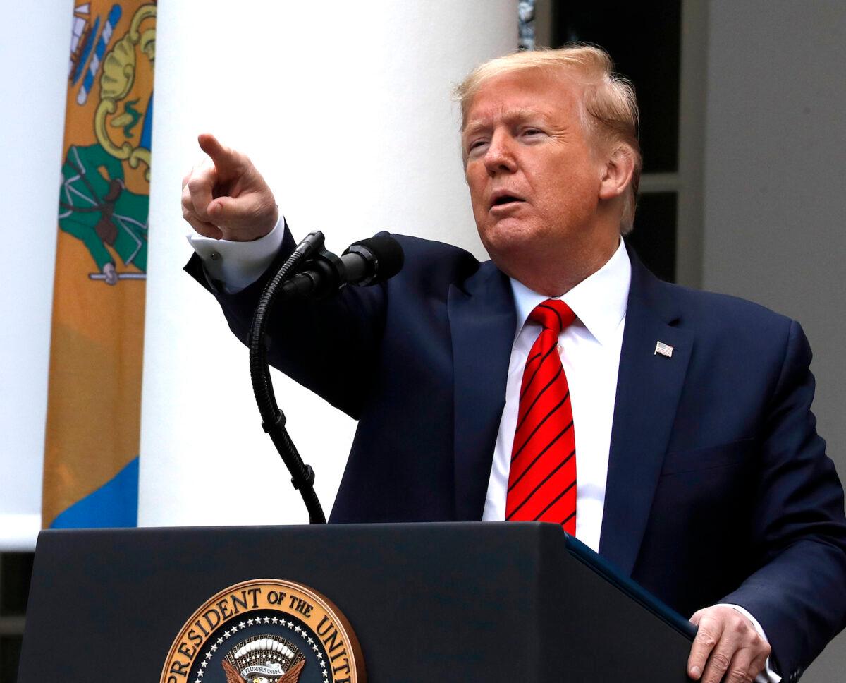 President Donald Trump speaks about the CCP virus during a press briefing in the Rose Garden of the White House on May 11, 2020. (Alex Brandon/AP Photo)