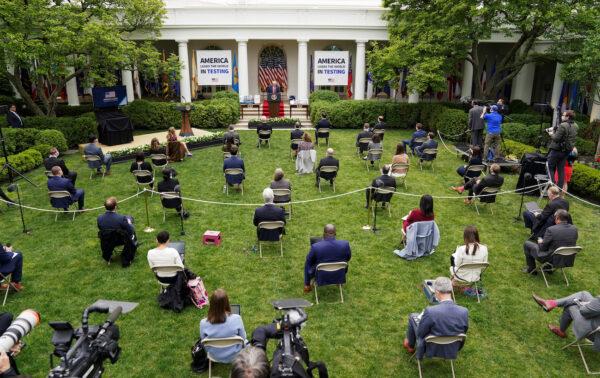 President Donald Trump holds a COVID-19 response briefing in the Rose Garden at the White House on May 11, 2020. (Kevin Lamarque/Reuters)