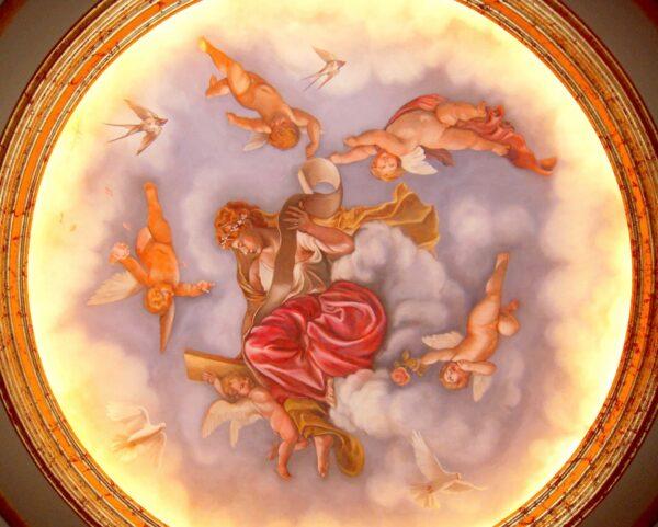 A ceiling mural, 12 feet in diameter, that Gayle DuRivage painted as a freelance artist in the dining room of a private residence in Canyon Lake, Calif. (Courtesy of Gayle DuRivage)
