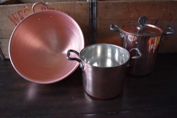 (From L to R) Three pieces of Sara Dahmen's cookware: A 5-quart copper bowl, a 2-quart copper stockpot, and a 3-quart copper stockpot with a lid. (Courtesy of Sara Dahmen)