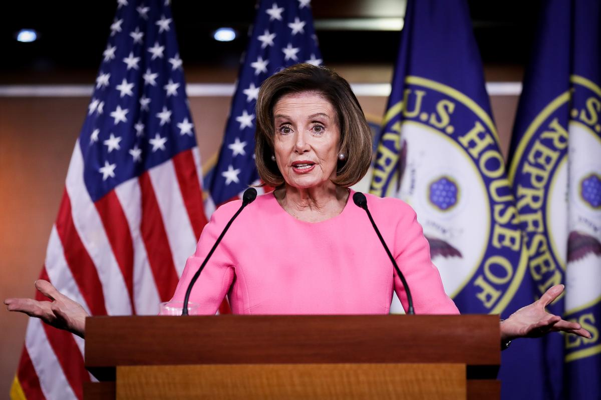 Speaker of the House Rep. Nancy Pelosi (D-Calif.) holds a press conference about the $2.2 trillion stimulus bill in the Capitol in Washington on March 26, 2020. (Charlotte Cuthbertson/The Epoch Times)
