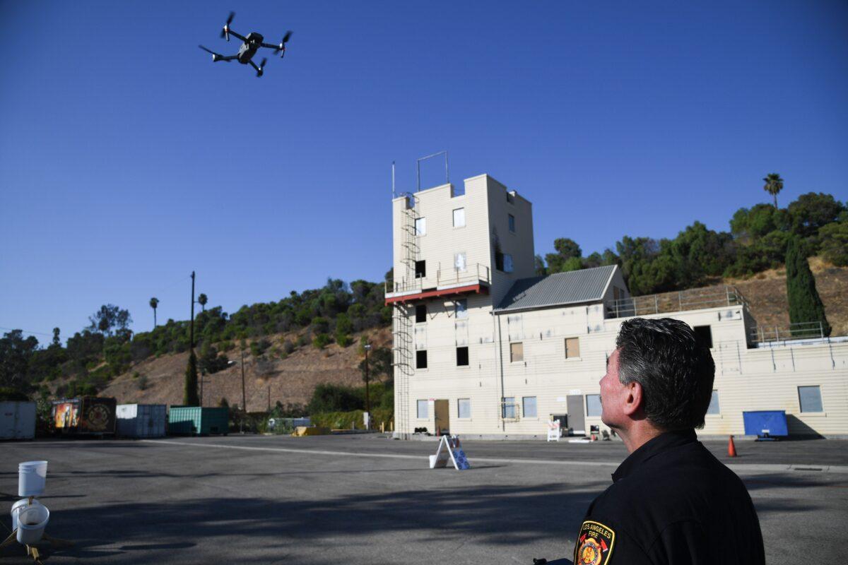 Drones are deployed during a demonstration at the Los Angeles Fire Department ahead of DJI's AirWorks conference in Los Angeles, Calif., on Sept. 23, 2019. (Robyn Beck/AFP via Getty Images)