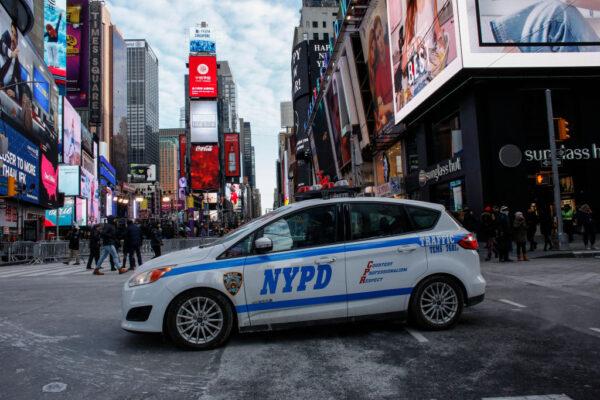 A New York Police Department car is parked in Times Square on Dec. 31, 2017. (Kena Betancur/AFP via Getty Images)