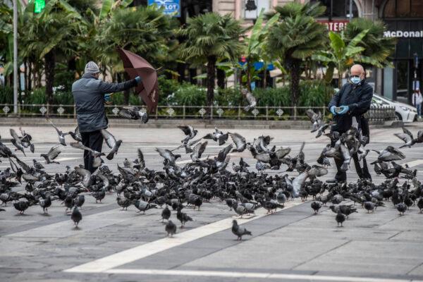 A man takes photos of pigeons in downtown Duomo Square, Milan, Italy, on May 13, 2020. (Luca Bruno/AP Photo)