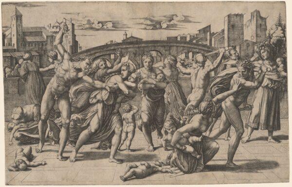 "The Massacre of the Innocents," circa 1511, by Marcantonio Raimondi after Raphael. Engraving sheet (trimmed within plate mark); 11 1/16 inches by 17 1/16 inches. Print Purchase Fund, Rosenwald Collection, National Gallery of Art, Washington. (National Gallery of Art, Washington)