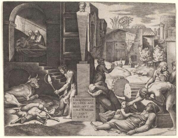 "Il Morbetto (The Plague)," circa 1512/1513, by Marcantonio Raimondi after Raphael. Engraving sheet (trimmed to plate mark): 7 11/16 inches by 9 15/16 inches. Gift of W.G. Russell Allen, National Gallery of Art, Washington.  (National Gallery of Art, Washington)