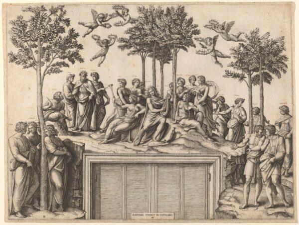 "Apollo on Parnassus," 1515/1520, by Marcantonio Raimondi after Raphael. Engraving sheet: 14 1/2 inches by 19 1/16 inches. Ailsa Mellon Bruce Fund, National Gallery of Art, Washington.  (National Gallery of Art, Washington)