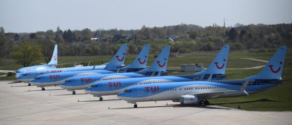 Planes of German carrier TUI parked on a closed runway at the airport in Hanover because of coronavirus travel restrictions, Germany, on April 18, 2020. (Fabian Bimmer/File Photo via Reuters)
