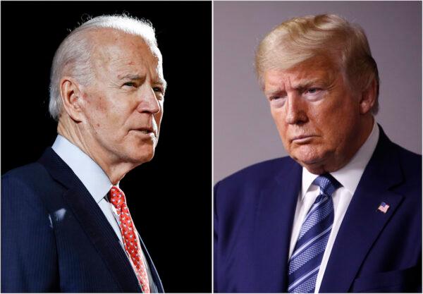 In this combination of file photos, former Vice President Joe Biden speaks in Wilmington, Del., on March 12, 2020, left, and President Donald Trump speaks at the White House in Washington on April 5, 2020. (AP Photo)