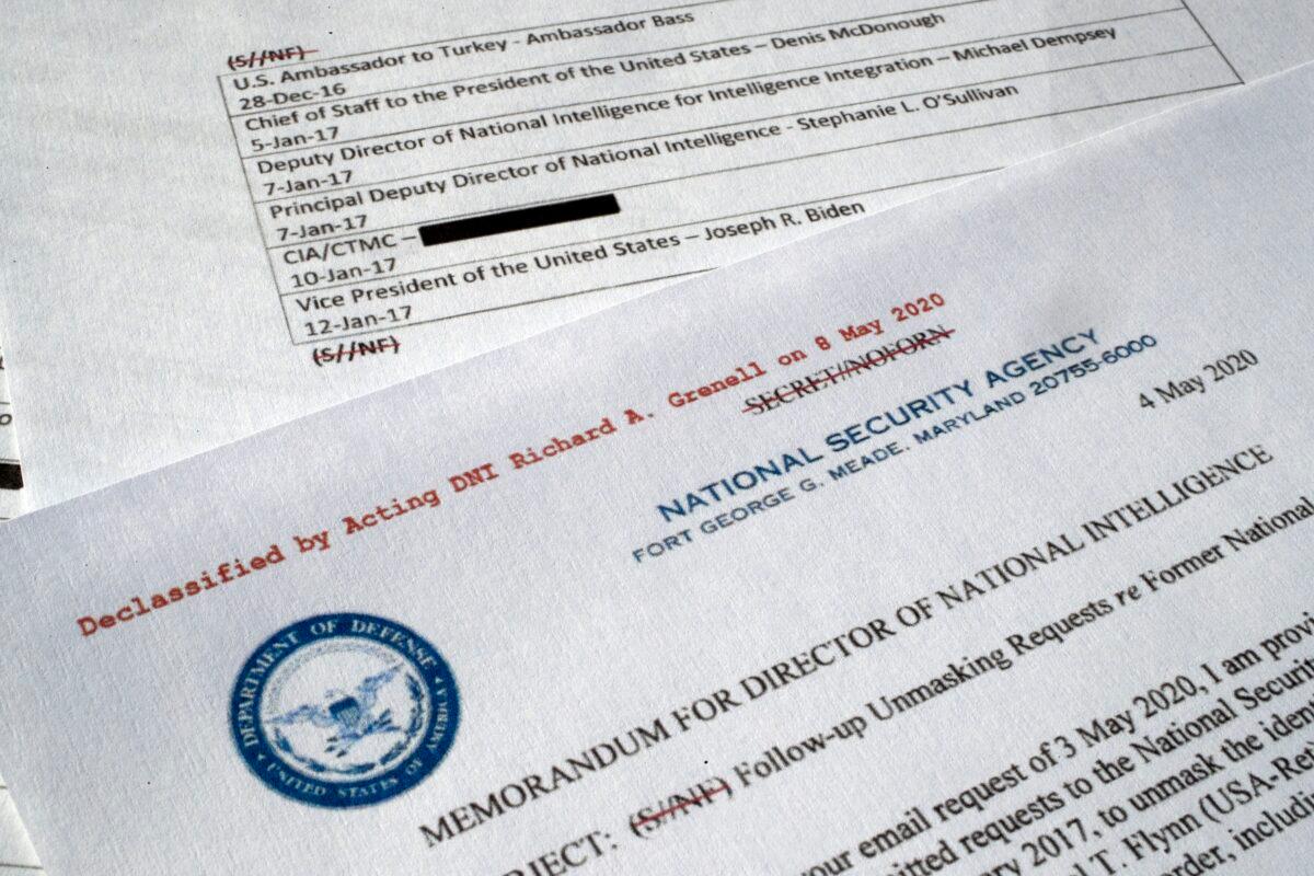 A declassified document with names of President Barack Obama administration officials who made requests for unmasking Michael Flynn's name, on May 13, 2020. (Jon Elswick/AP Photo)