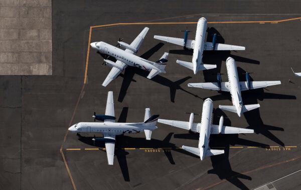 An aerial view of Rex Airlines aircraft at Sydney Airport on April 22, 2020 in Sydney, Australia. (Ryan Pierse/Getty Images)