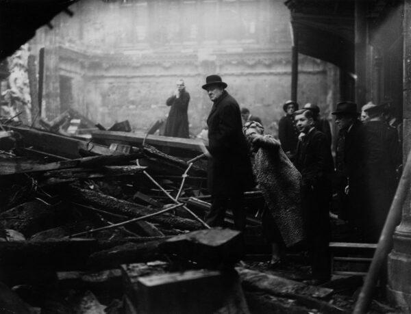 Churchill amid the London rubble during the Blitz, on New Year’s Eve 1940. (J. A. Hampton/Topical Press Agency/Getty Images)