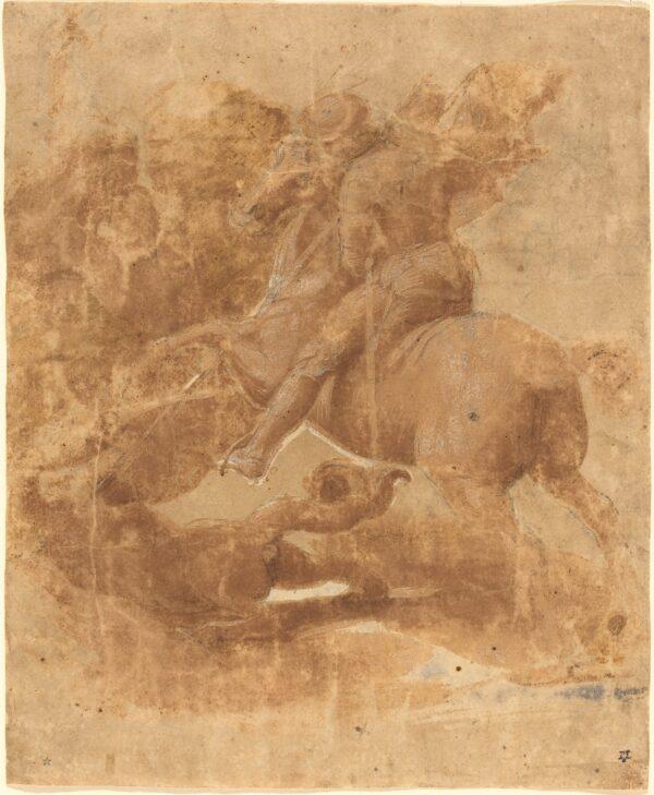 "Saint George and the Dragon," circa 1506, by Raphael. Brush and brown ink heightened with white over black chalk, incised with stylus; 9 5/8 inches by 8 inches. Ailsa Mellon Bruce Fund, National Gallery of Art, Washington. (National Gallery of Art, Washington)
