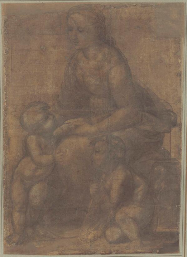 "The Madonna and Child With Saint John the Baptist," circa 1507, by Raphael. Black chalk with traces of white chalk, outlines pricked for transfer; 36 15/16 inches by 26 3/8 inches. Purchased with funds from The Armand Hammer Foundation, National Gallery of Art, Washington. (National Gallery of Art, Washington)