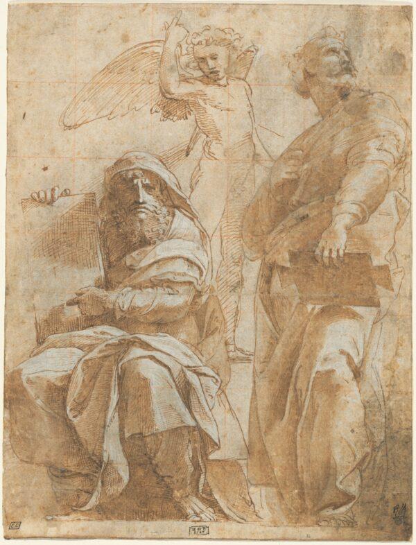 "The Prophets Hosea and Jonah," circa 1510, by Raphael. Pen and brown ink with brown wash over charcoal and blind stylus, heightened with white gouache and squared for transfer with blind stylus and red chalk, on laid paper; 10 5/16 inches by 7 7/8 inches. The Armand Hammer Collection, National Gallery of Art, Washington. (National Gallery of Art, Washington)