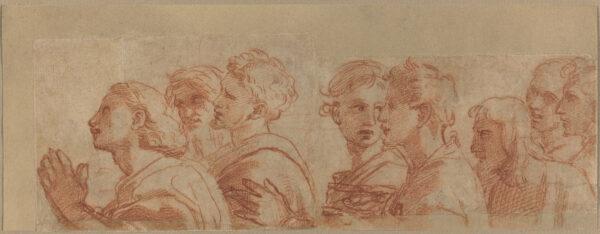 Eight Apostles, circa 1514, by Raphael. Red chalk over stylus underdrawing and traces of leadpoint on laid paper, cut in two pieces and rejoined; laid down sheet: 3 3/16 inches by 9 1/8 inches. Woodner Collection, National Gallery of Art, Washington. (National Gallery of Art, Washington)