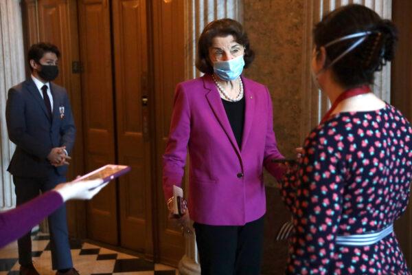 Sen. Dianne Feinstein (D-Calif.) speaks to members of the press at the U.S. Capitol in Washington, on May 7, 2020. (Alex Wong/Getty Images)