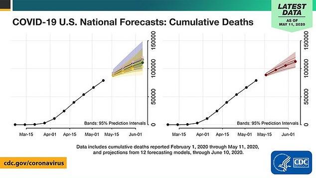 Forecasts showing cumulative reported COVID-19 deaths since February and forecasted deaths for the next four weeks in the United States. (CDC)