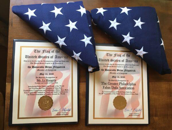 Certifications of the two American flags flown over the U.S. Capitol in honor of World Falun Dafa Day on May 13, 2020. (Courtesy of Jennie Sheeks)