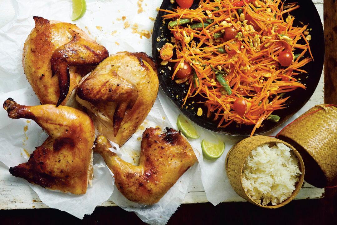 Grilled Chicken and Spicy Carrot Salad With Sticky Rice and Sweet Chile Sauce