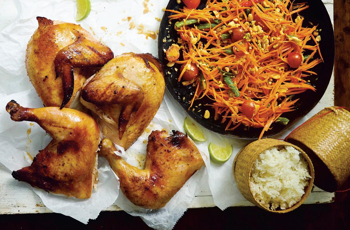 Grilled Chicken and Spicy Carrot Salad With Sticky Rice and Sweet Chile Sauce