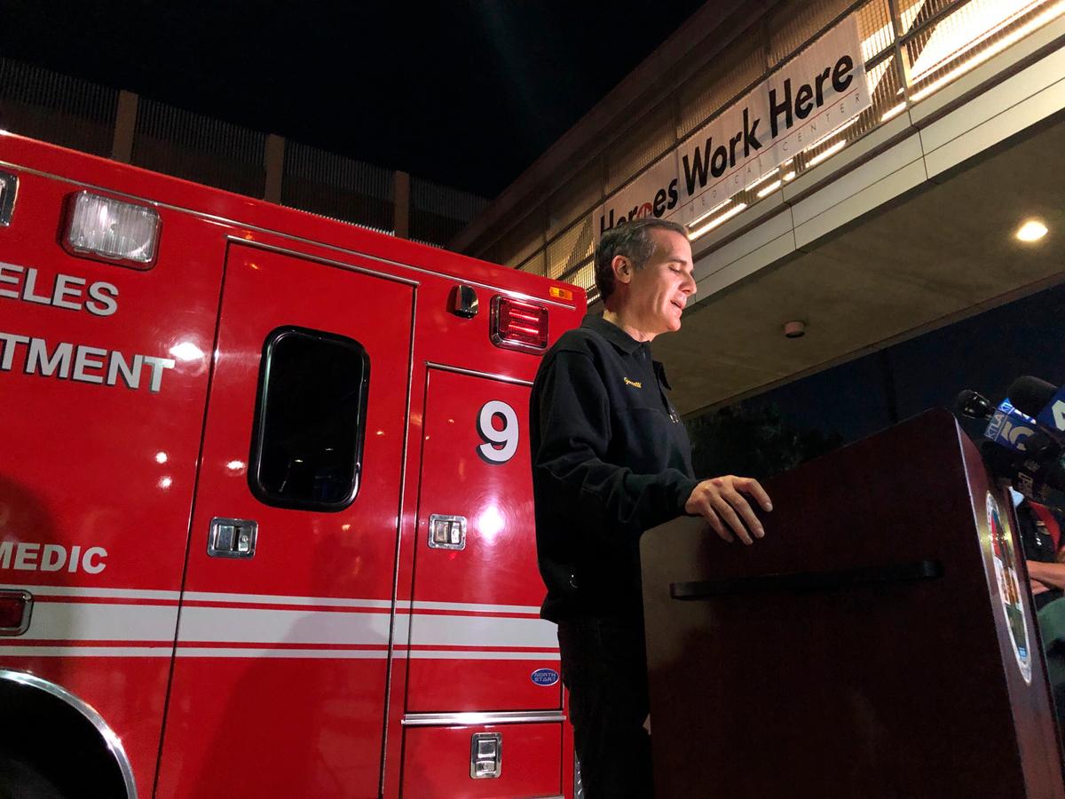 Los Angeles Mayor Eric Garcetti, stands next to Engine 9, updates the media on the conditions of multiple Los Angeles Fire Department firefighters who were injured in an explosion, in Los Angeles, Calif., on May 16, 2020. (Stefanie Dazio/AP Photo)