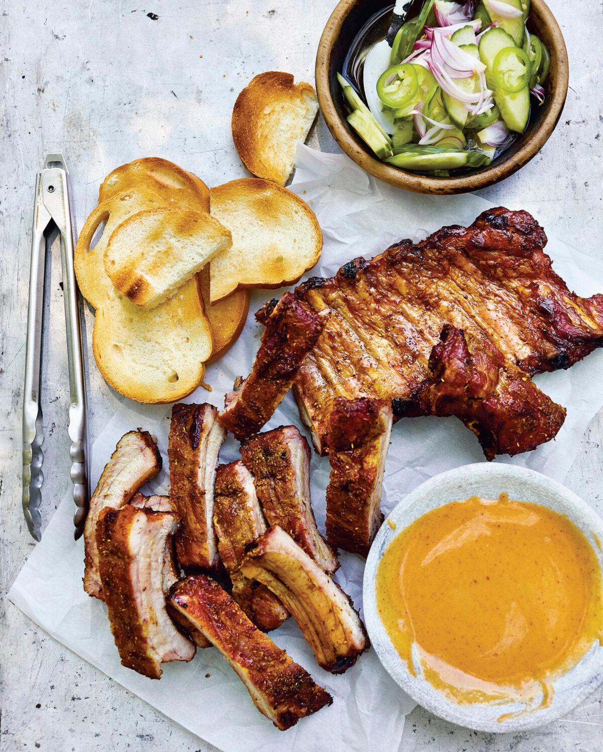 Satay of baby back ribs, Leela Punyaratabandhu's low-and-slow take on Thailand's ubiquitous pork satay: "Think of the ribs as pork meat that nature has already threaded onto skewers." (Photo by David Loftus)