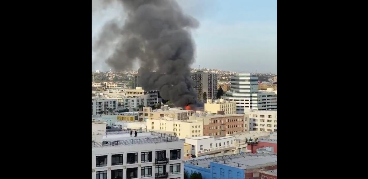 Massive explosion and fire reported in downtown Los Angeles, Calif., on May 16, 2020. (Courtesy of Celia Esguerra/Twitter/@RawMaterials)
