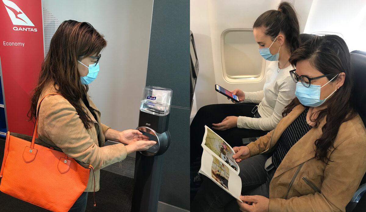 Qantas passengers at gate sanitising station, and on board wearing face masks. (Supplied)