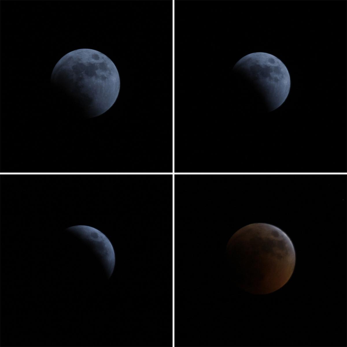 Pictures depicting different stages of the Moon during a total lunar eclipse in the night sky over Rafah on the Gaza Strip, Palestine, on June 15, 2011 (SAID KHATIB/AFP via Getty Images)