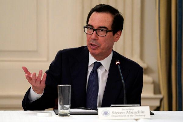 Treasury Secretary Steven Mnuchin speaks during a meeting with restaurant industry executives about the COVID-19 response, in Washington on May 18, 2020. (Evan Vucci/AP Photo)