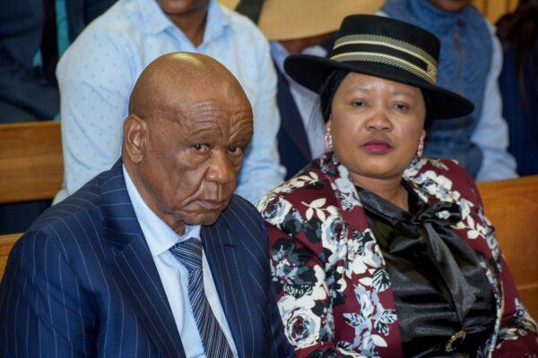 Prime Minister of Lesotho Tom Thabane (L) and his wife Maesaiah Thabane sit at the Magistrate Court in Maseru, Lesotho, on Feb. 24, 2020. (Molise Molise/AFP/Getty Images)