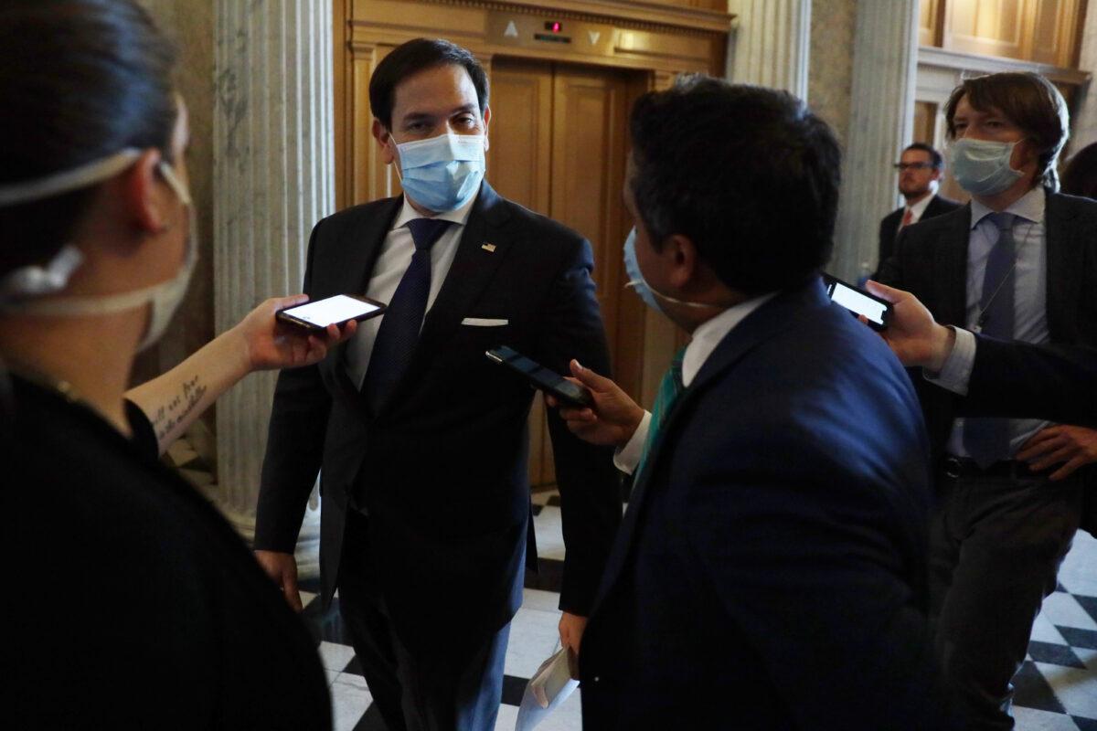 Sen. Marco Rubio (R-Fla.) speaks to members of the press as he arrives for a vote at the U.S. Capitol in Washington on May 14, 2020. (Alex Wong/Getty Images)
