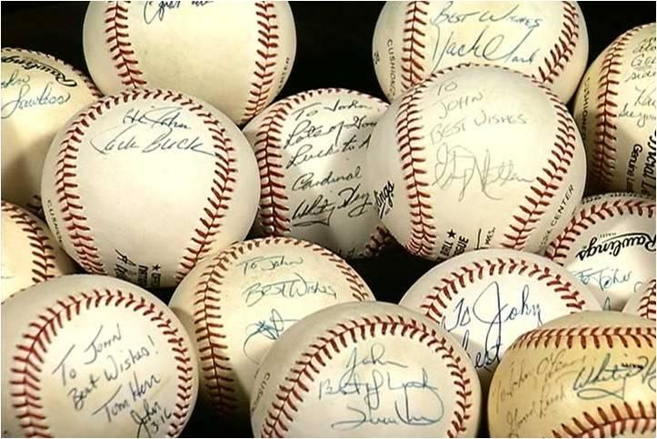Jack Buck encouraged O'Leary to learn how to write again by sending him baseballs signed by St. Louis Cardinals players. (Courtesy of John O'Leary)