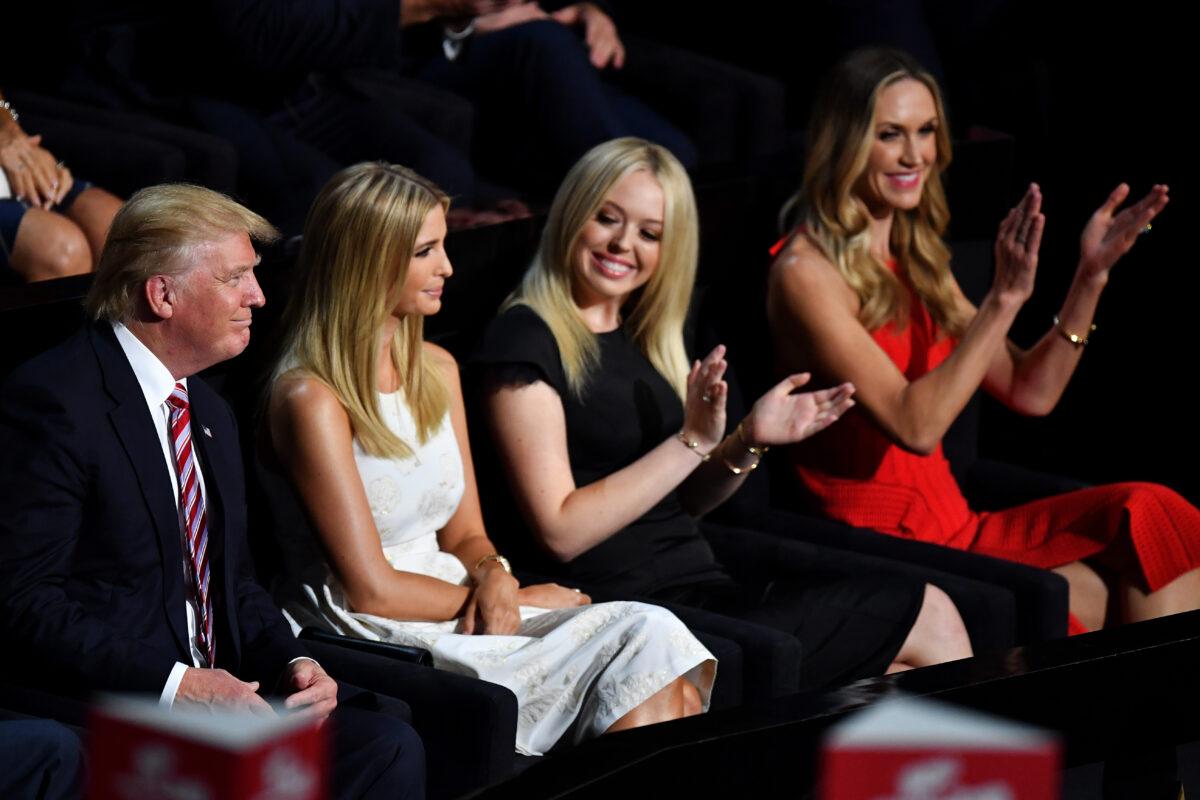 Tiffany Trump and Lara Trump (then Lara Yunaska) at the Republican National Convention along with then-Republican presidential candidate Donald Trump, and Ivanka Trump, at the Quicken Loans Arena in Cleveland, Ohio, on July 20, 2016. (Jeff J Mitchell/Getty Images)