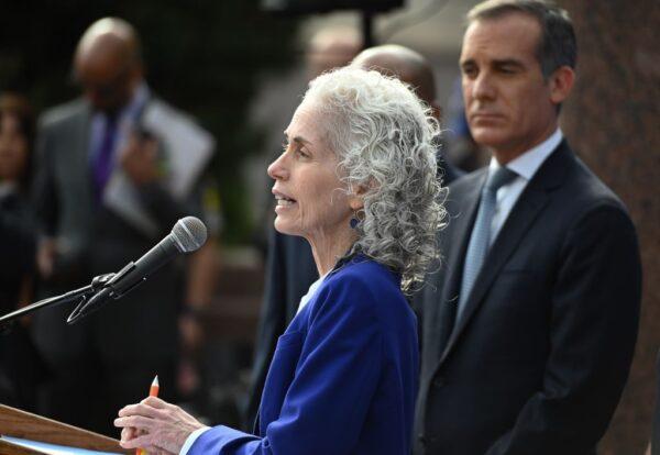Los Angeles County Public Health Director Barbara Ferrer speaks as Mayor Eric Garcetti (R) looks on at a press conference in Los Angeles, Calif., on March 4, 2020. (Robyn Beck/AFP via Getty Images)