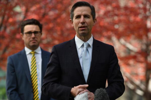 Agriculture Minister David Littleproud (L) and Senator Simon Birmingham during a press conference at Parliament House on May 12, 2020 in Canberra, Australia. (Sam Mooy/Getty Images)