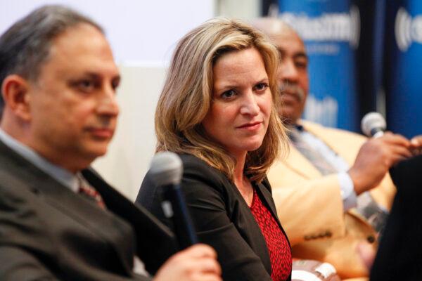 Cyrus Mehri (L), Jocelyn Benson (C), and Willie Lanier at the SiriusXM Business Radio Broadcasts "Beyond The Game: Tackling Race" from Wharton San Francisco, Calif, on Feb. 5, 2016. (Kimberly White/Getty Images for SiriusXM)