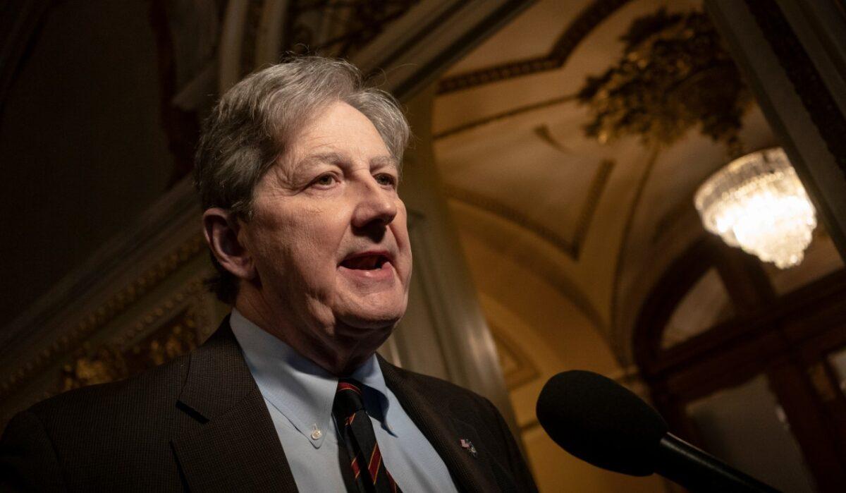 Sen. John Kennedy (R-La.) speaks to members of the media at the U.S. Capitol in Washington on Feb. 3, 2020. (Alex Edelman/Getty Images)