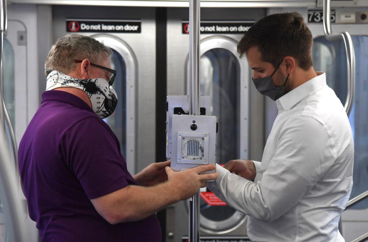 Demonstration of UV disinfecting technology at a maintenance facility in New York City, on May 19, 2020. (Marc A. Hermann/MTA New York City Transit)