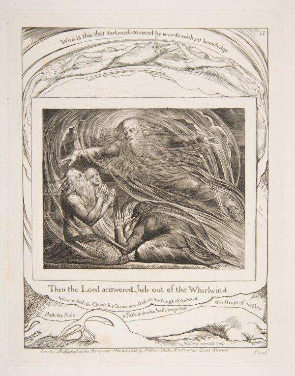 “The Lord Answering Job Out of the Whirlwind,” 1825–26, by William Blake. From "Illustrations of the Book of Job," published by William Blake. Gift of Edward Bement, 1917, Metropolitan Museum of Art. (Public Domain)