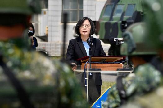 Taiwan President Tsai Ing-wen delivers her address to soldiers amid the coronavirus pandemic during her visit to a military base in Tainan, Taiwan, on April 9, 2020. (Sam Yeh/AFP via Getty Images)