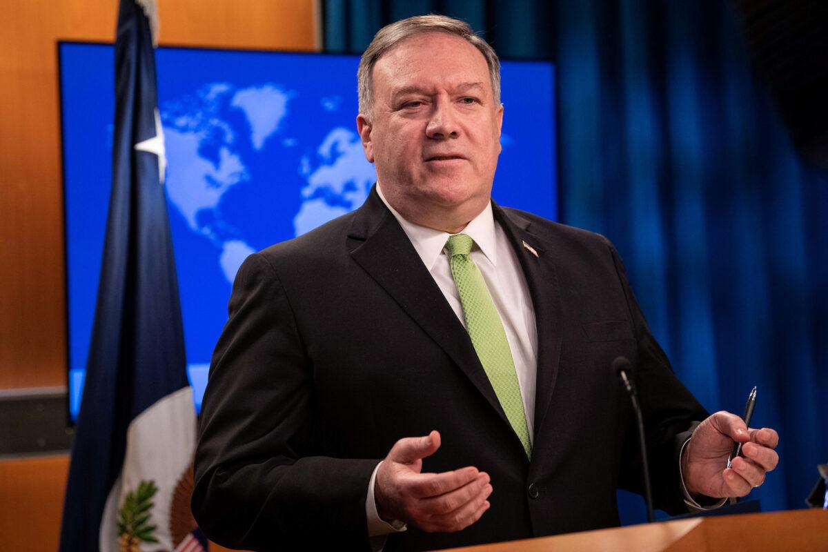 Secretary of State Mike Pompeo speaks to the media at the State Department in Washington on May 20, 2020. (Nicholas Kamm/Pool via Reuters)