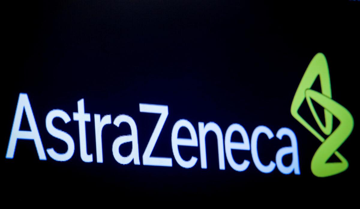 The company logo for pharmaceutical company AstraZeneca on a screen at the New York Stock Exchange in New York City on April 8, 2019. (Brendan McDermid/Reuters)