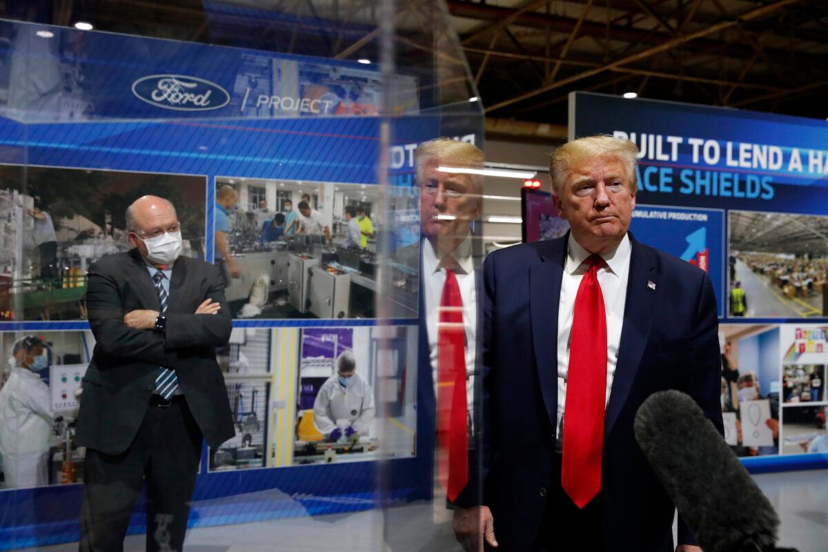 President Donald Trump speaks as he tours Ford’s Rawsonville Components Plant that has been converted to making personal protection and medical equipment, in Ypsilanti, Mich., on May 21, 2020. (Alex Brandon/AP Photo)