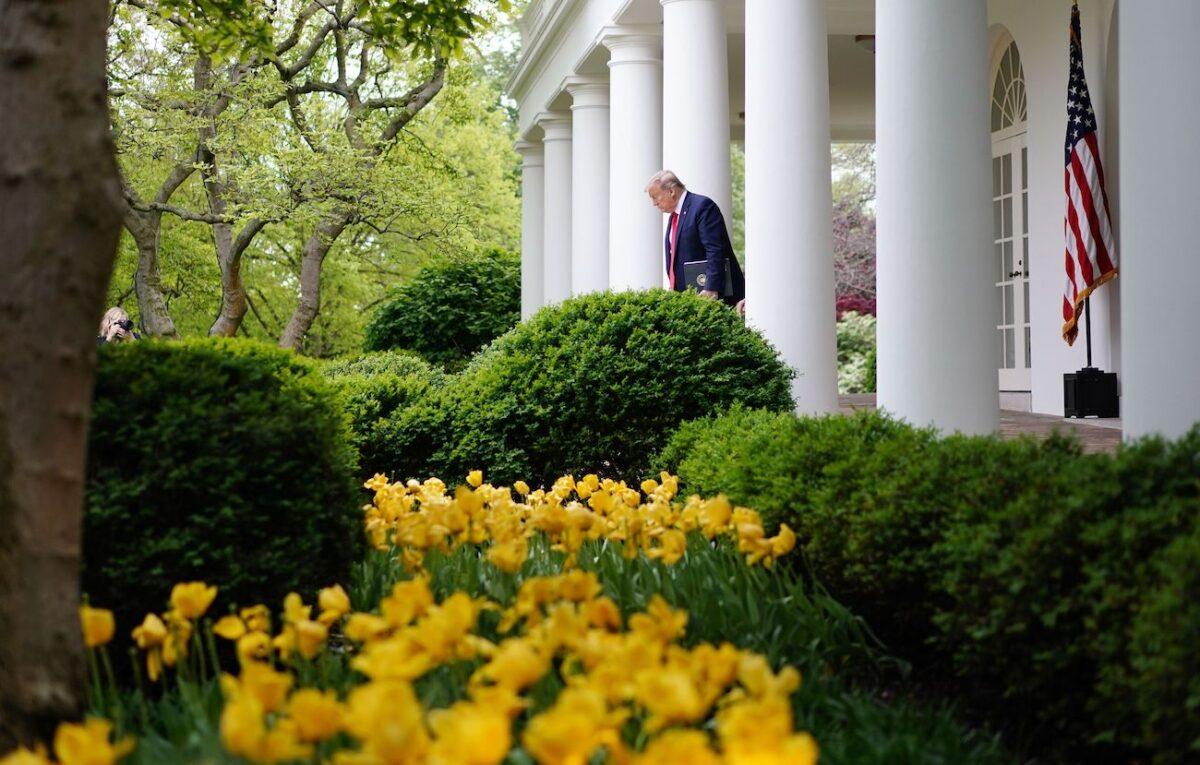 President Donald Trump arrives for the daily briefing on the Chinese Communist Party virus in the Rose Garden of the White House, in Washington, on April 14, 2020. (Mandel Ngan/AFP via Getty Images)