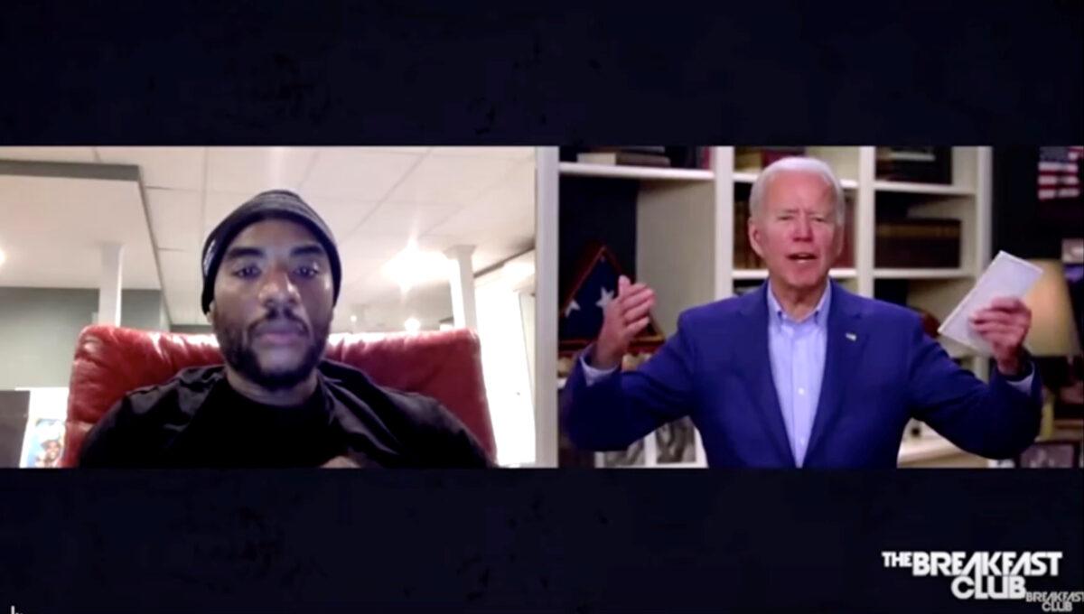 Democratic presidential candidate and former Vice President Joe Biden in an image captured from video as he participates in a remote video interview with "The Breakfast Club" radio co-host "Charlamagne tha God" from Biden's home in Wilmington, Delaware, on May 22, 2020. (The Breakfast Club on Power 105.1/Reuters)