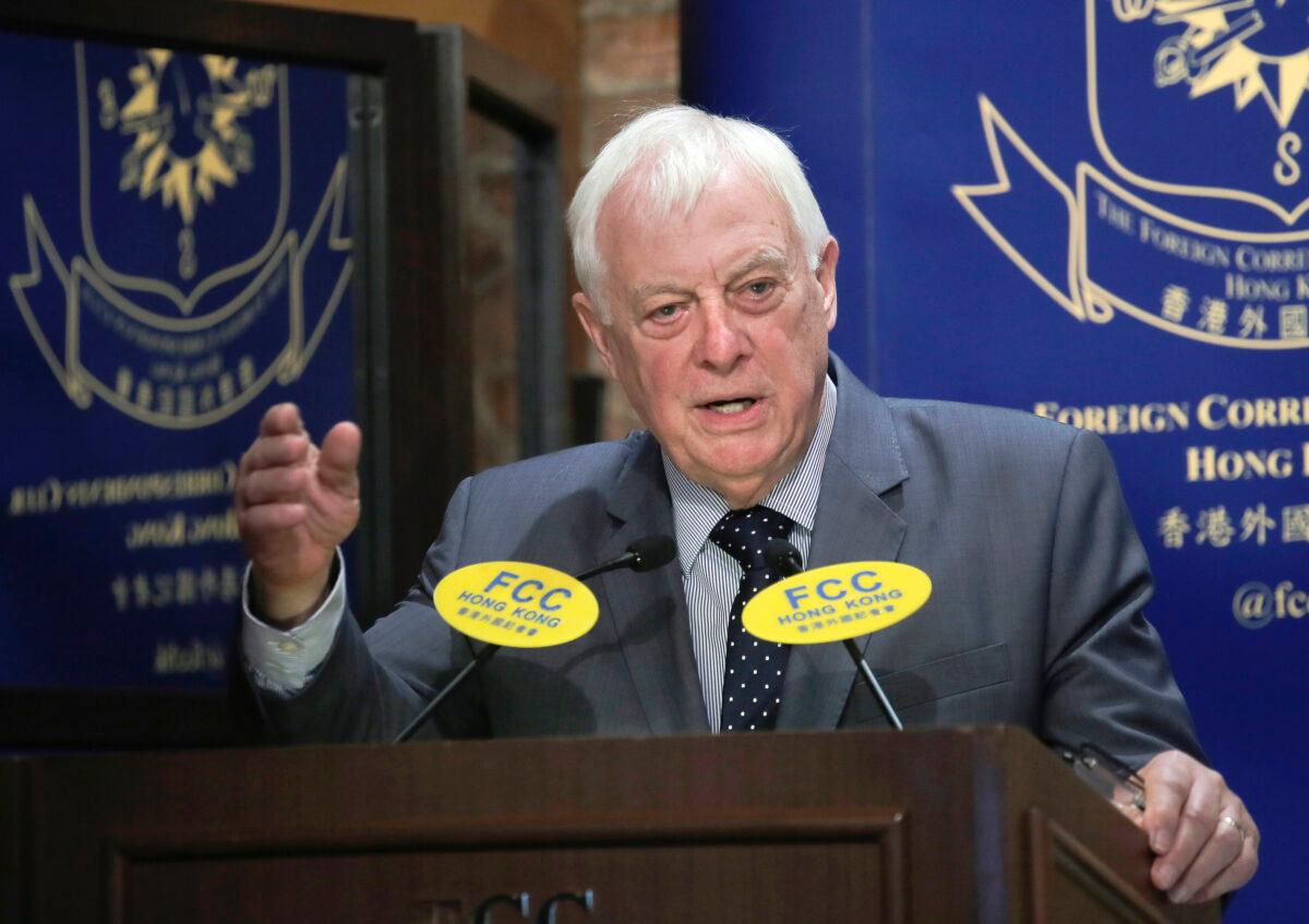 Chris Patten, Hong Kong's last British governor speaks at The Foreign Correspondents’ Club to promote his new book in Hong Kong, on Sept. 19, 2017. (Vincent Yu/AP Photo)